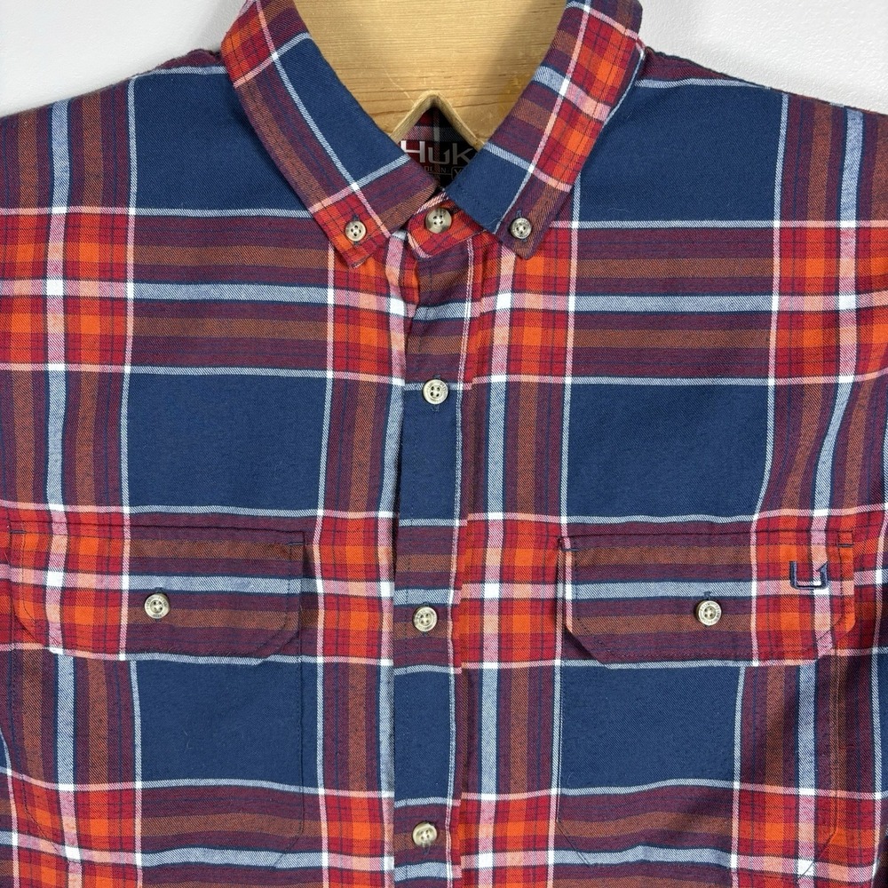 Huk Men's XL Red Blue Plaid Button Down Long Sleeve USA Outdoor Flannel Shirt